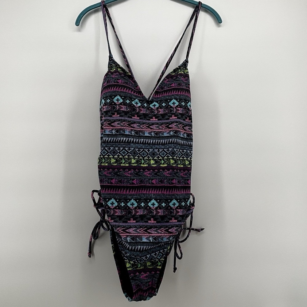 Beach Betty One Piece Swimsuit Womens L Aztec Geometric  String Black Boho NWT